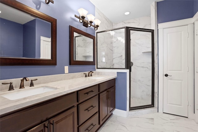 904 W 20th St Unit C, Houston, TX 77008 - full bathroom with a marble finish shower, double vanity, marble look tile flooring, and recessed lighting