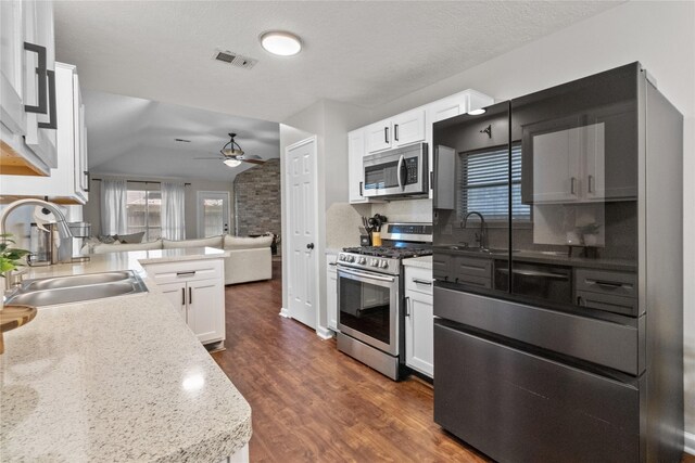 8610 Venture Ln, La Porte, TX 77571 - kitchen with appliances with stainless steel finishes, a sink, ceiling fan, open floor plan, and dark wood-style flooring