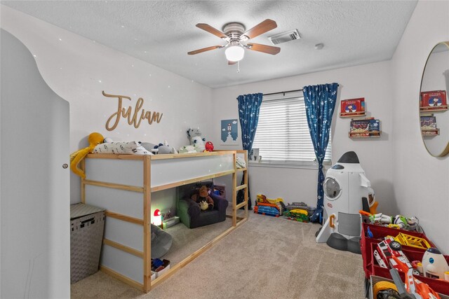 8610 Venture Ln, La Porte, TX 77571 - carpeted bedroom featuring a textured ceiling and a ceiling fan