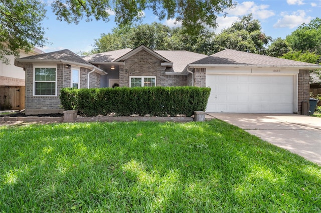 8610 Venture Ln, La Porte, TX 77571 - ranch-style house with brick siding, an attached garage, driveway, a front yard, and roof with shingles