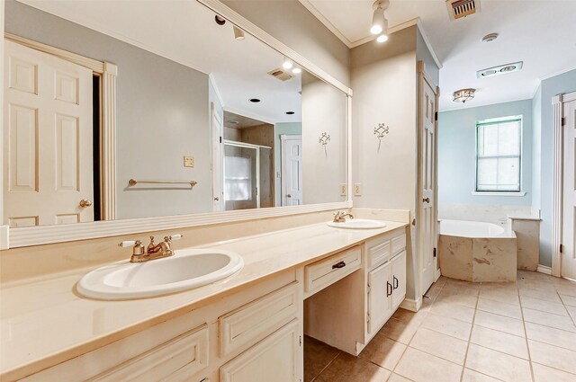 6225 Morton Rd, Katy, TX 77493 - full bathroom featuring double vanity, a garden tub, tile patterned floors, a shower stall, and ornamental molding