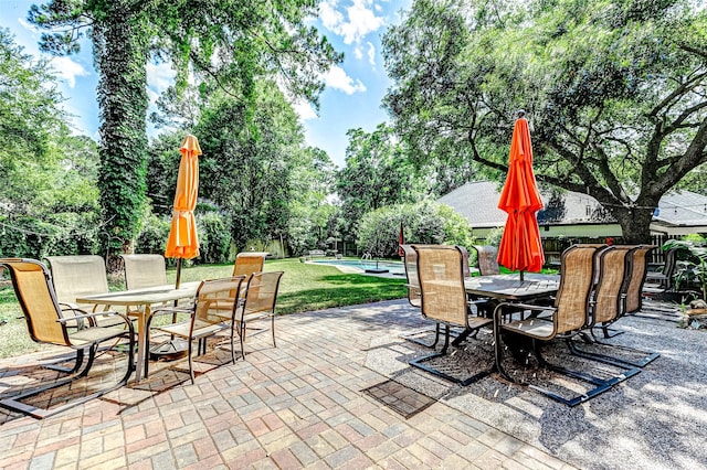 6225 Morton Rd, Katy, TX 77493 - view of patio / terrace with outdoor dining area, a swimming pool, and view of wooded area