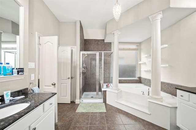 2718 Van Gogh Ln, Missouri City, TX 77459 - bathroom featuring decorative columns, vanity, a stall shower, a bath, and tile patterned flooring