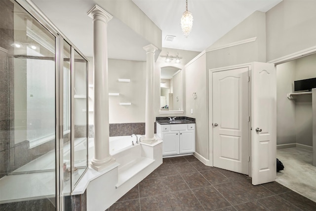 2718 Van Gogh Ln, Missouri City, TX 77459 - bathroom with decorative columns, vanity, a bath, a shower stall, and lofted ceiling