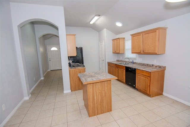 21734 Oriole Trl, Humble, TX 77338 - kitchen with black appliances, vaulted ceiling, light countertops, light tile patterned flooring, and baseboards