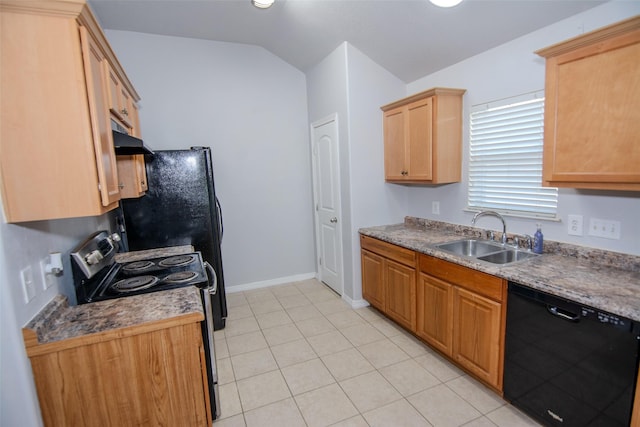 21734 Oriole Trl, Humble, TX 77338 - kitchen with black dishwasher, range with electric cooktop, a sink, under cabinet range hood, and light tile patterned flooring