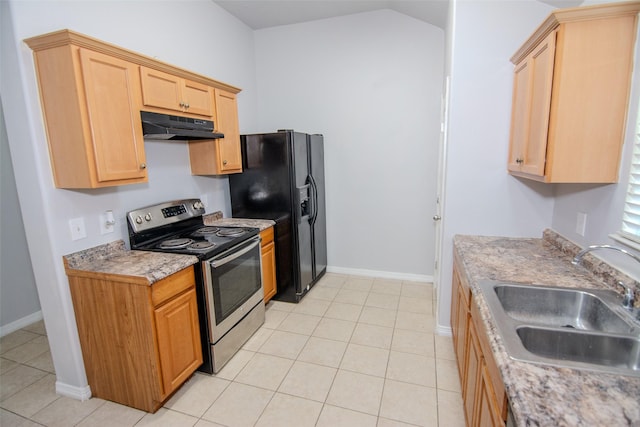 21734 Oriole Trl, Humble, TX 77338 - kitchen with stainless steel range with electric cooktop, under cabinet range hood, a sink, black refrigerator with ice dispenser, and light countertops