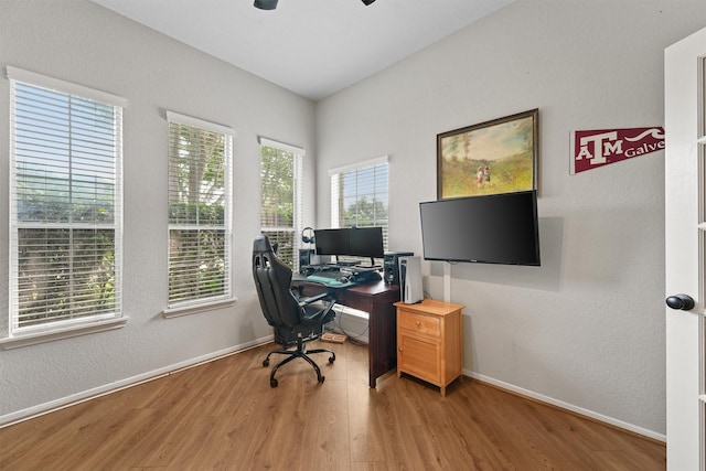 6219 Royal Hollow Ln, Katy, TX 77450 - home office featuring wood finished floors, ceiling fan, and baseboards