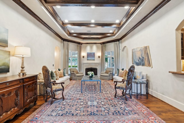 5626 Willers Way, Houston, TX 77056 - living area with arched walkways, crown molding, dark wood finished floors, a fireplace, and coffered ceiling