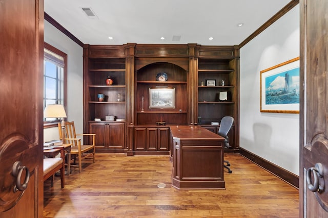 5626 Willers Way, Houston, TX 77056 - office space with crown molding, built in features, light wood-type flooring, and baseboards