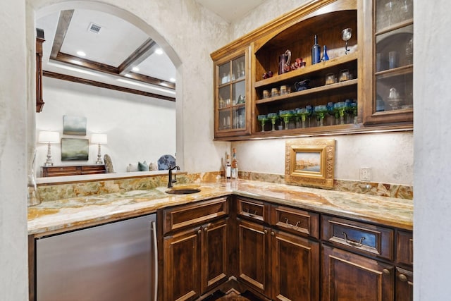 5626 Willers Way, Houston, TX 77056 - indoor wet bar with arched walkways, fridge, beam ceiling, and recessed lighting