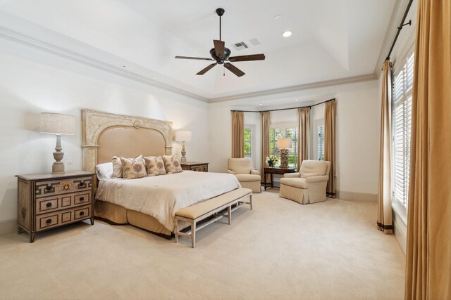 5626 Willers Way, Houston, TX 77056 - bedroom with a tray ceiling, light carpet, ceiling fan, and recessed lighting