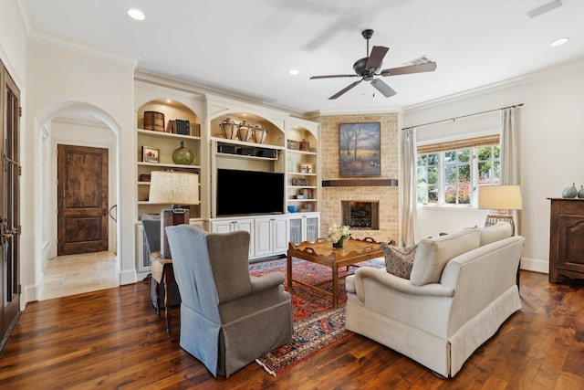 5626 Willers Way, Houston, TX 77056 - living room with ornamental molding, a fireplace, a ceiling fan, wood finished floors, and recessed lighting