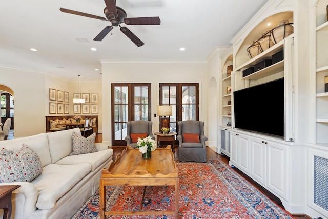 5626 Willers Way, Houston, TX 77056 - living room featuring ceiling fan, wood finished floors, recessed lighting, crown molding, and baseboards