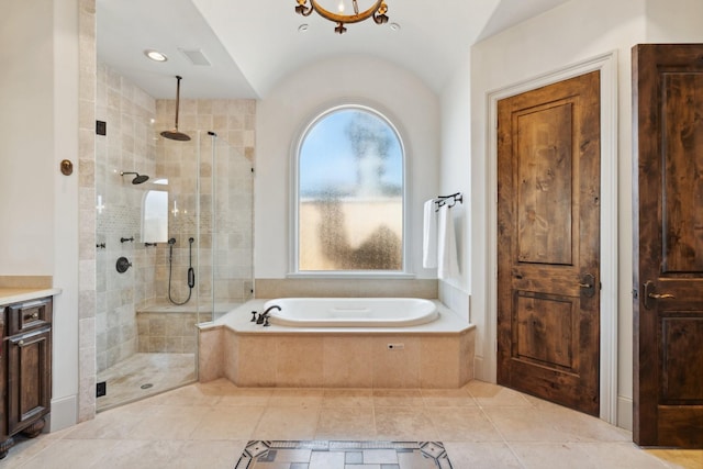 5626 Willers Way, Houston, TX 77056 - full bath featuring a shower stall, a garden tub, lofted ceiling, and tile patterned floors