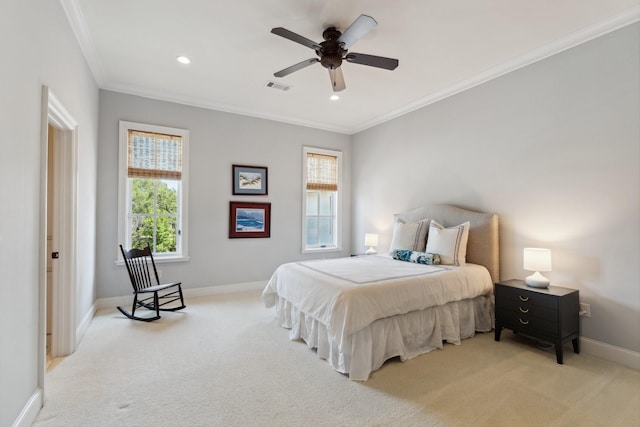 5626 Willers Way, Houston, TX 77056 - bedroom featuring carpet, crown molding, baseboards, recessed lighting, and ceiling fan