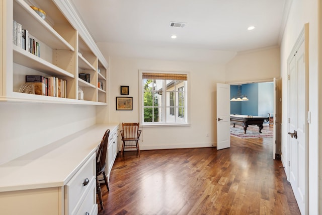 5626 Willers Way, Houston, TX 77056 - home office with built in study area, dark wood-style flooring, billiards, baseboards, and recessed lighting