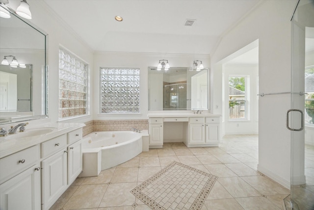 12210 Pebble Mdws, Houston, TX 77041 - full bathroom with a stall shower, two vanities, a whirlpool tub, tile patterned flooring, and recessed lighting