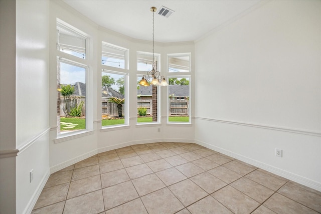 12210 Pebble Mdws, Houston, TX 77041 - unfurnished dining area with healthy amount of natural light, a chandelier, light tile patterned flooring, and crown molding