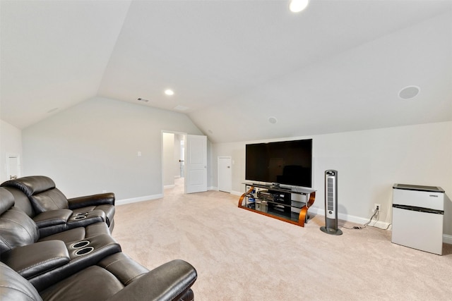3413 Waverly Springs Ln, Pearland, TX 77581 - living room featuring light carpet, vaulted ceiling, baseboards, and recessed lighting