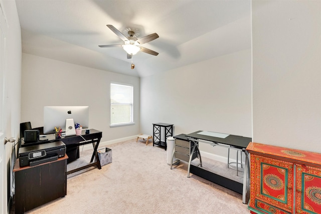 3413 Waverly Springs Ln, Pearland, TX 77581 - office area featuring light colored carpet, ceiling fan, and baseboards