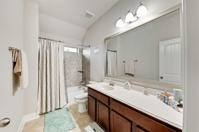 3413 Waverly Springs Ln, Pearland, TX 77581 - full bathroom with vanity, toilet, shower / bath combination with curtain, lofted ceiling, and tile patterned floors