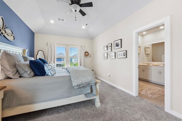 614 Seabreeze Dr, Kemah, TX 77565 - bedroom with light colored carpet, recessed lighting, ensuite bathroom, baseboards, and a ceiling fan
