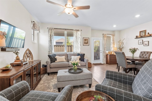 614 Seabreeze Dr, Kemah, TX 77565 - living room with wood finished floors, ceiling fan, and recessed lighting