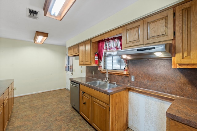 2413 38th Ave N, Texas City, TX 77590 - kitchen with dishwasher, under cabinet range hood, a sink, decorative backsplash, and dark countertops