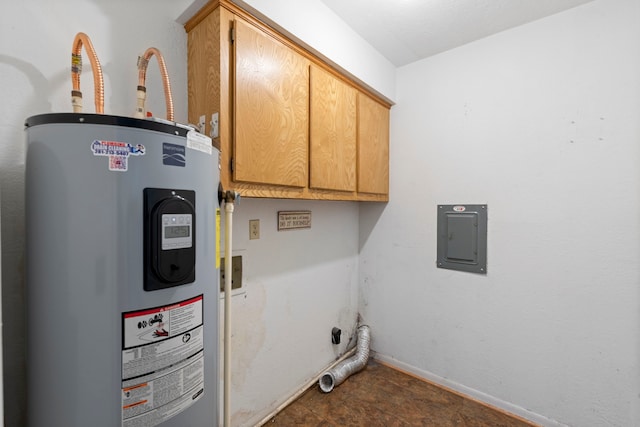 2413 38th Ave N, Texas City, TX 77590 - laundry area featuring water heater, cabinet space, electric panel, and baseboards