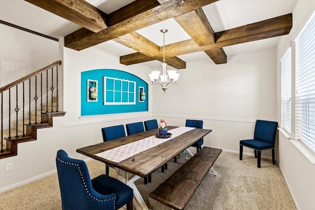 2506 Solitude, Deer Park, TX 77536 - carpeted dining space featuring a chandelier, coffered ceiling, beam ceiling, stairs, and plenty of natural light
