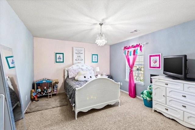 2506 Solitude, Deer Park, TX 77536 - bedroom with light colored carpet, a chandelier, a textured ceiling, and baseboards