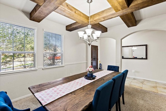 2506 Solitude, Deer Park, TX 77536 - dining area with a chandelier, baseboards, beamed ceiling, carpet floors, and arched walkways