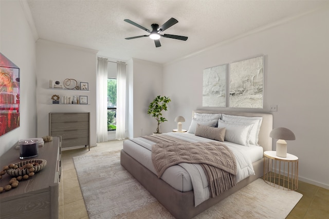 1100 Augusta Dr Unit 33, Houston, TX 77057 - tiled bedroom featuring a textured ceiling, crown molding, ceiling fan, and baseboards