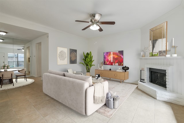 1100 Augusta Dr Unit 33, Houston, TX 77057 - living room with ceiling fan, light tile patterned floors, and a brick fireplace