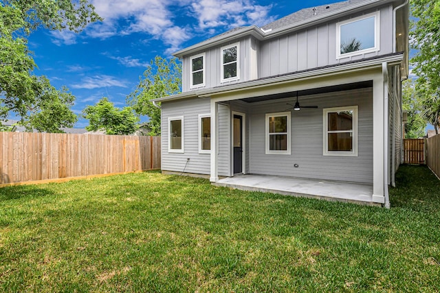 4224 Buck St, Houston, TX 77020 - rear view of house with a patio area, a ceiling fan, and board and batten siding