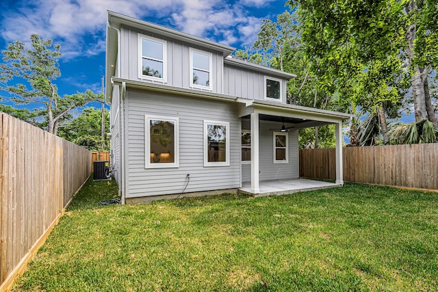 4224 Buck St, Houston, TX 77020 - rear view of property with a patio, a ceiling fan, central air condition unit, and board and batten siding