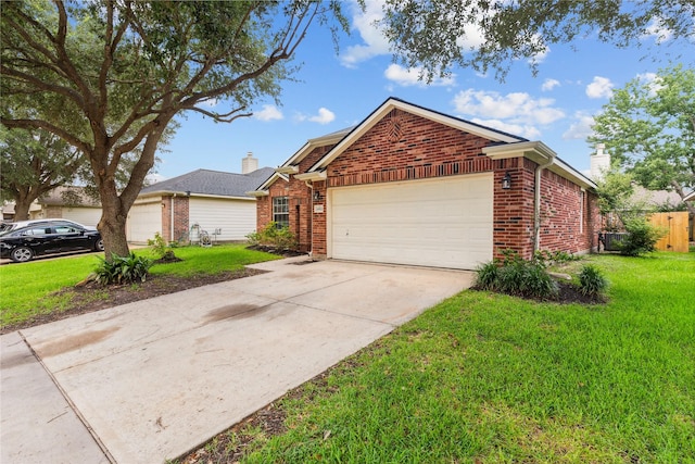 19511 Ingham Dr, Katy, TX 77449 - single story home featuring brick siding, a chimney, an attached garage, and driveway
