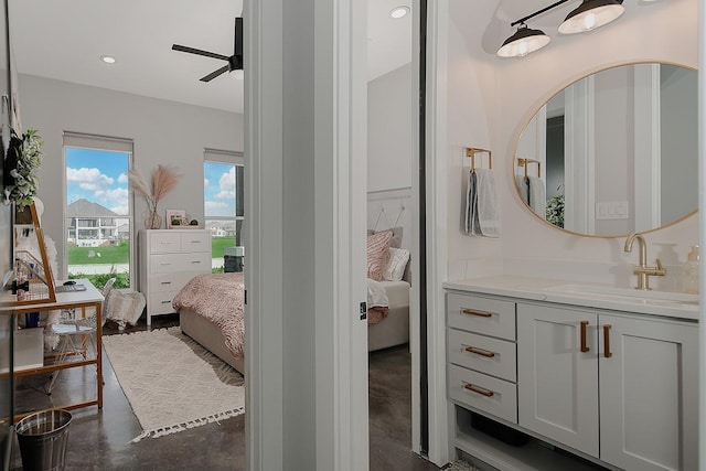 12595 St Louis Ct, Willis, TX 77318 - bathroom featuring ensuite bathroom, concrete floors, vanity, a ceiling fan, and recessed lighting