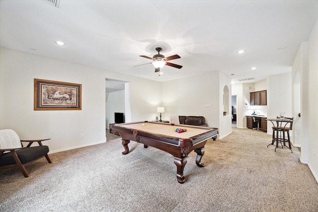 8718 Stowe Creek Ln, Missouri City, TX 77459 - game room featuring light colored carpet, a ceiling fan, arched walkways, billiards table, and baseboards