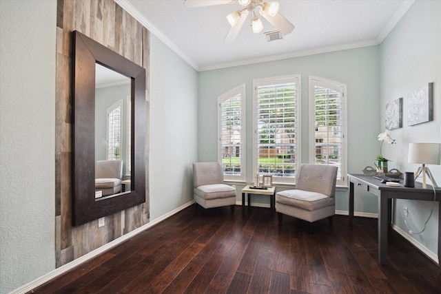 8718 Stowe Creek Ln, Missouri City, TX 77459 - sitting room featuring ornamental molding, wood-type flooring, a ceiling fan, and baseboards