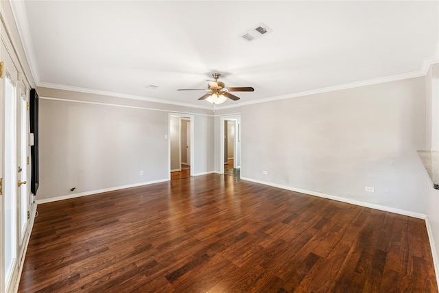 10134 Hanka Dr, Houston, TX 77043 - unfurnished room with a ceiling fan, baseboards, dark wood-style floors, and crown molding