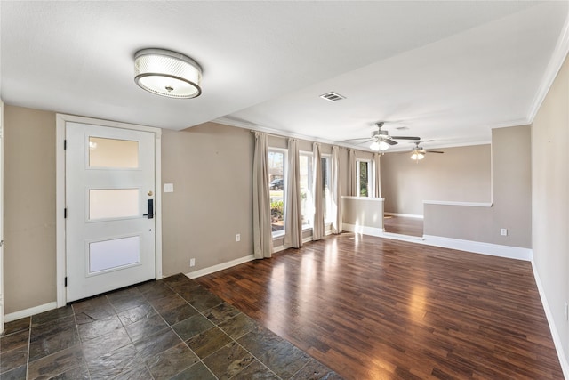 10134 Hanka Dr, Houston, TX 77043 - foyer entrance with baseboards, dark wood finished floors, ornamental molding, and a ceiling fan