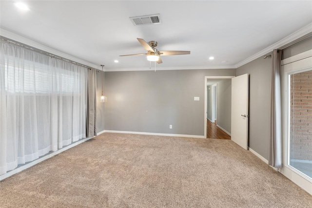 10134 Hanka Dr, Houston, TX 77043 - spare room featuring ornamental molding, carpet, a ceiling fan, recessed lighting, and baseboards