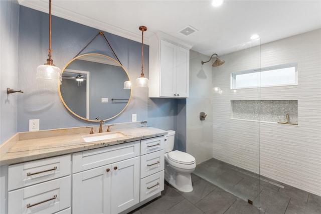 10134 Hanka Dr, Houston, TX 77043 - bathroom with a walk in shower, vanity, toilet, tile patterned flooring, and recessed lighting