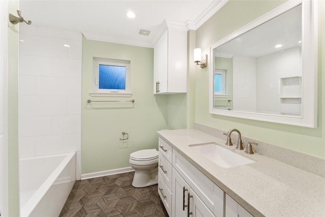 10134 Hanka Dr, Houston, TX 77043 - full bathroom with vanity, toilet, recessed lighting, baseboards, and  shower combination