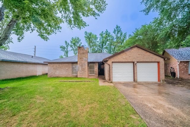 8006 Barnhill Dr, Humble, TX 77338 - ranch-style house featuring brick siding, a chimney, a front yard, and a garage