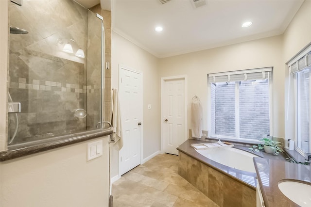602 Rock Cv, Houston, TX 77079 - full bathroom with a stall shower, a garden tub, a sink, baseboards, and recessed lighting