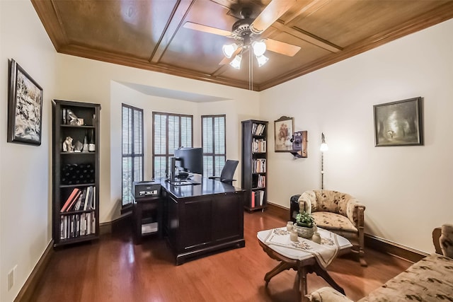 602 Rock Cv, Houston, TX 77079 - office area featuring a ceiling fan, ornamental molding, baseboards, and dark wood-style floors