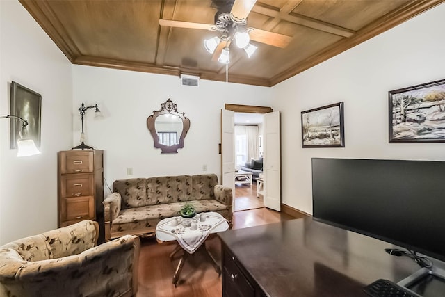 602 Rock Cv, Houston, TX 77079 - living room with a ceiling fan, wood finished floors, wood ceiling, and ornamental molding
